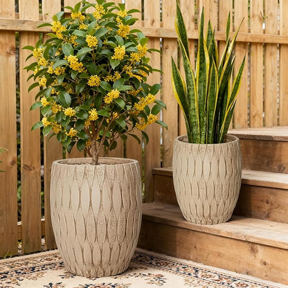 16" H x 14" Dia Weathered Concrete Planter, Large Indoor Outdoor Decorative Flower Pot with Drainage Hole, Modern Round Design for Home, Garden, Patio, Porch, or Courtyard, Vintage Yellow Stone Finish