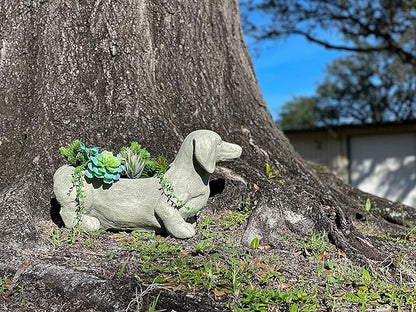 Zeckos Charming Rustic Distressed Grey Stone Finish Dachshund Dog Indoor or Outdoor Decor Planter Doxie Plant Pot - Whimsical Garden Accent for Dog Lovers - 20 Inches Long