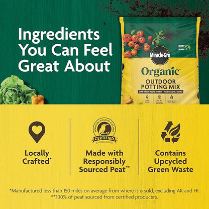 Miracle-GRO Organic Outdoor Potting Mix, for Outdoor Container Plants, Contains Quick-Release Natural Fertilizer, OMRI Listed, 16 qt.