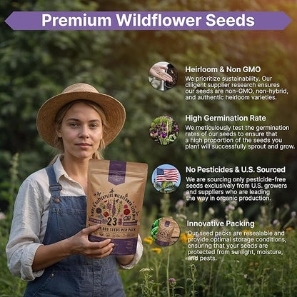 Organo Republic 23 Wildflower Seeds Annual & Perennial Mix for Indoor & Outdoors, Attract Birds & Butterflies 100,000+ Non-GMO, Heirloom Garden Seeds, 4oz Packet for Growing Wild Flowers (Pack of 2)