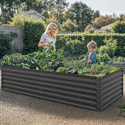YITAHOME 8x4x2 ft 4pcs Galvanized Raised Garden Bed Kit, Large Metal Planter Box with Gloves, Safety Rubber & Support Rod, Outdoor Flower Bed for Plants Vegetables, Black