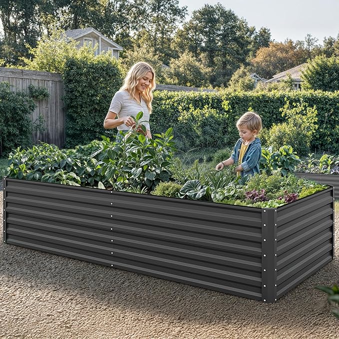 DWVO 8 x 4 x 2 FT Raised Garden Bed Kit, Outdoor Galvanized Flower Bed with Safety Rubber and Gloves, Large Metal Planter Box for Vegetables, Flowers, Herbs, Fruits, Black