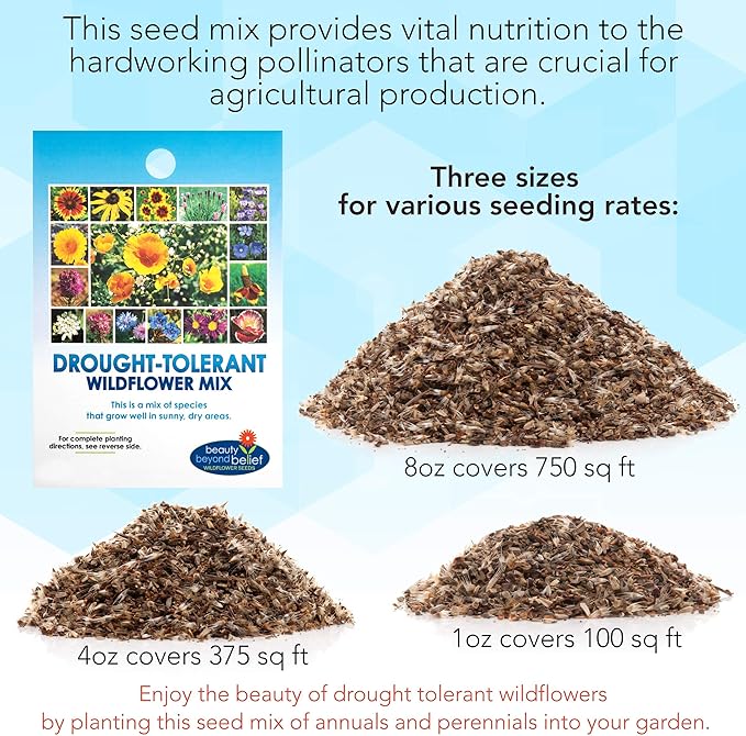 Drought Tolerant Wildflower Seeds - 4oz Packet, Open-Pollinated Bulk Flower Seed Mix for Beautiful Perennial, Annual Garden Flowers - No Fillers - 1/4 Pound