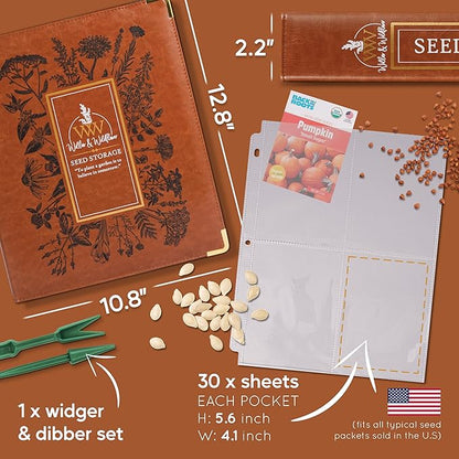 Willow and Wildflower Garden Seed Organizer Binder, Seed Storage Organizer, Garden Binder Book for Packet Storage Catalog Can Store 120 Packets with Dibber and Widger (Classic Brown)