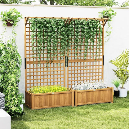 Outsunny Wood Planter with Trellis, Raised Garden Bed for Climbing Plants with Drainage Holes and Roof, 35.5 x 17.75 x 72 Inch, Pack of 2, Yellow