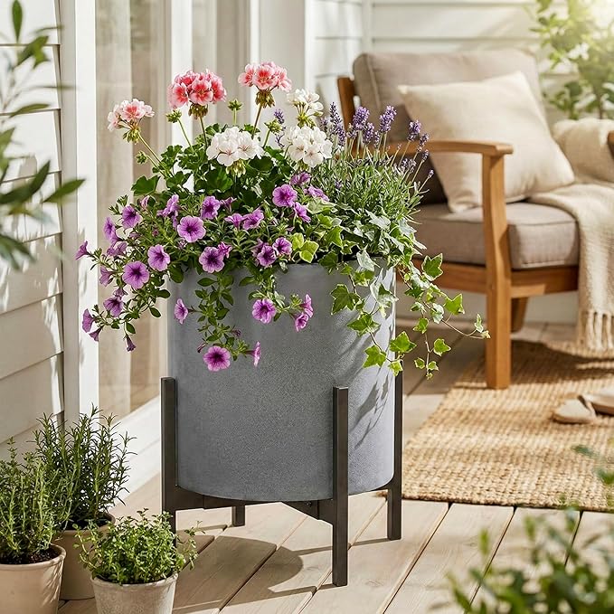 FaithLand Plant Pot 14 inch - Perfectly Fits Mid-Century Modern Plant Stand - Drainage Plug and Drainage Mesh Screen - Gray Planter Pot.