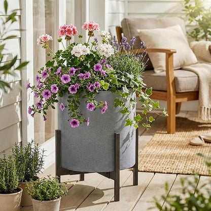 FaithLand Plant Pot 12 inch - Perfectly Fits Mid-Century Modern Plant Stand - Drainage Plug - Gray Planter Pot