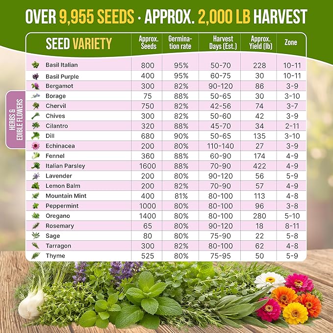 20 Culinary Herbs & Edible Flower Seed Variety Pack for Planting Indoor & Outdoors. 9500+ Non-GMO Heirloom Flower Seeds: Basil, Borage, Echinacea, Lavender, Oregano, Rosemary Seeds & More