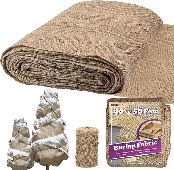40'' x 50 Feet Burlap Fabric Roll 16.6 Yard, Natural Jute Fabric for Winter Tree Wrap Plant Covers Freeze Protection with 164 Feet Jute Rope, DIY Rustic Wedding Garden Outdooor Christmas Decoration