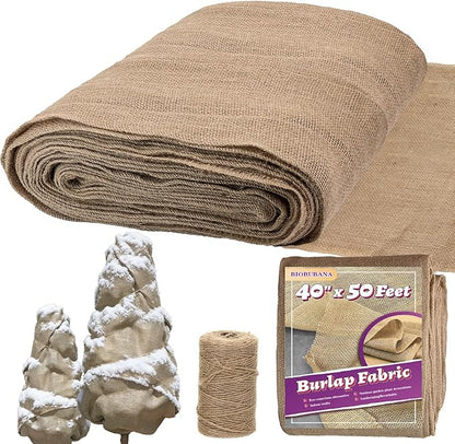40'' x 50 Feet Burlap Fabric Roll 16.6 Yard, Natural Jute Fabric for Winter Tree Wrap Plant Covers Freeze Protection with 164 Feet Jute Rope, DIY Rustic Wedding Garden Outdooor Christmas Decoration