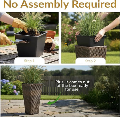 Sunnydaze Set of 2 Square Tall Wicker Planters - Polyrattan Rectangular Large Plastic planters for Outdoor Plants - 20-Inches Tall - Brown