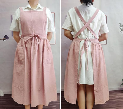 Cute Retro Cotton Linen X-Back Aprons Home Kitchen Garden Art Painting Pinafore Florist Shop Overalls