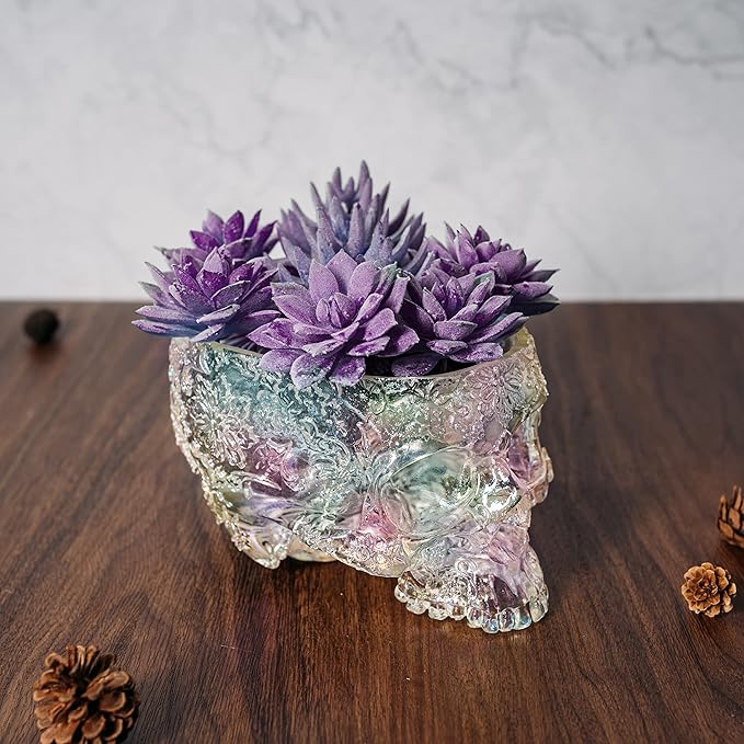 Iridescent Skull Planter Pot 6 Inch Skeleton Head Pot Succulents Flowers, & Bowl Dish Gothic Decor for Garden Home Parties Haunted House Spooky Black Display Halloween Skull Flower Pot Decoration Gift