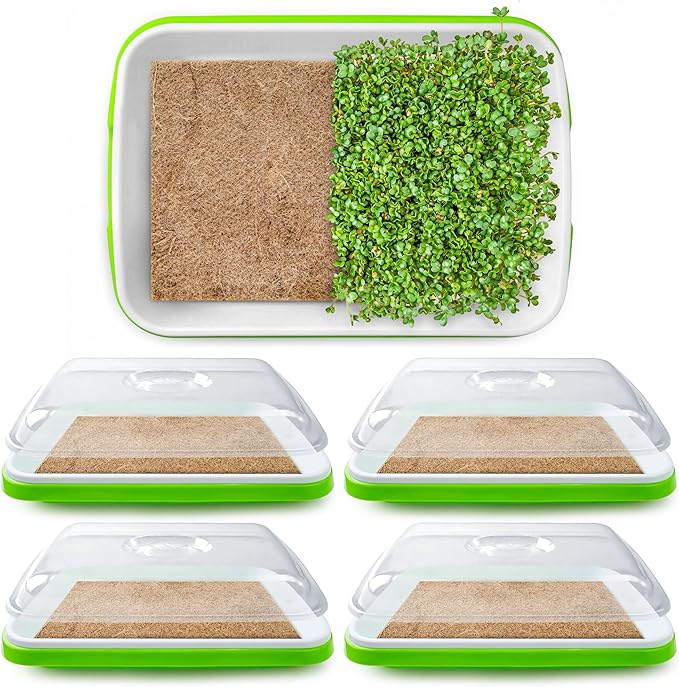 Seed Sprouter Tray with Drain Holes,Seed Germination Tray Kit BPA Free Nursery Tray,Soil-Free Big Capacity Healthy Wheatgrass Grower Sprouting Container (4 Pack with lid &mat -Light Green)