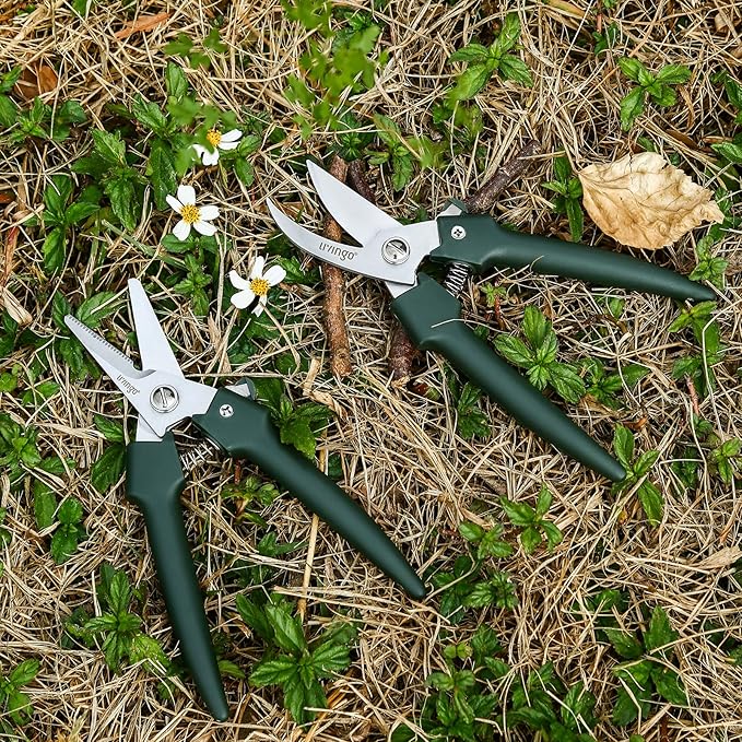 LIVINGO 7.5 Inch Garden Pruning Shears Set, Stainless Steel Straight & Curved Blades with Spring Lock, Hand Pruners for Trimming Plants, Flowers, Herbs and Small Branches