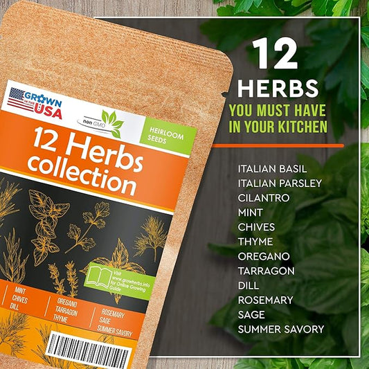 12 Culinary Herb Seeds Pack - Heirloom and Non GMO, Grown in USA - Indoor or Outdoor Garden - Basil, Parsley, Dill, Cilantro, Rosemary, Mint, Thyme, Oregano, Tarragon, Chives, Sage & More