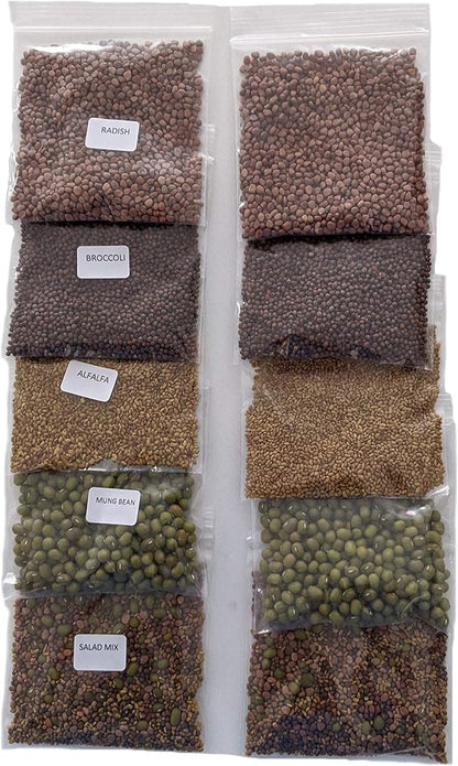 Variety Pack Sprouting Seeds Broccoli, Alfalfa, Radish, Mung beans & Salad Mix for Sprouts and Microgreens. Non-GMO. Pack of 10 premeasured seeds for quart size jars or trays. Includes 2 packs of each