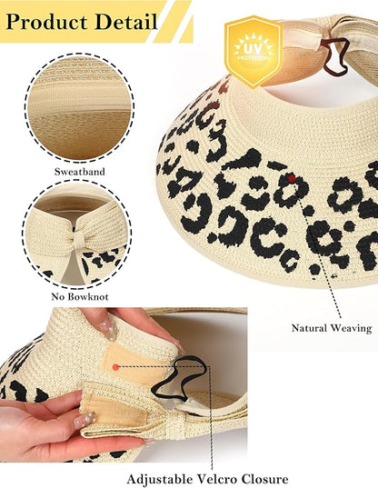 Womens Beach Straw Sun Hats Ponytail Hole Wide Brim Summer Visor Foldable Hat Sun Protection Packable for Travel Pool
