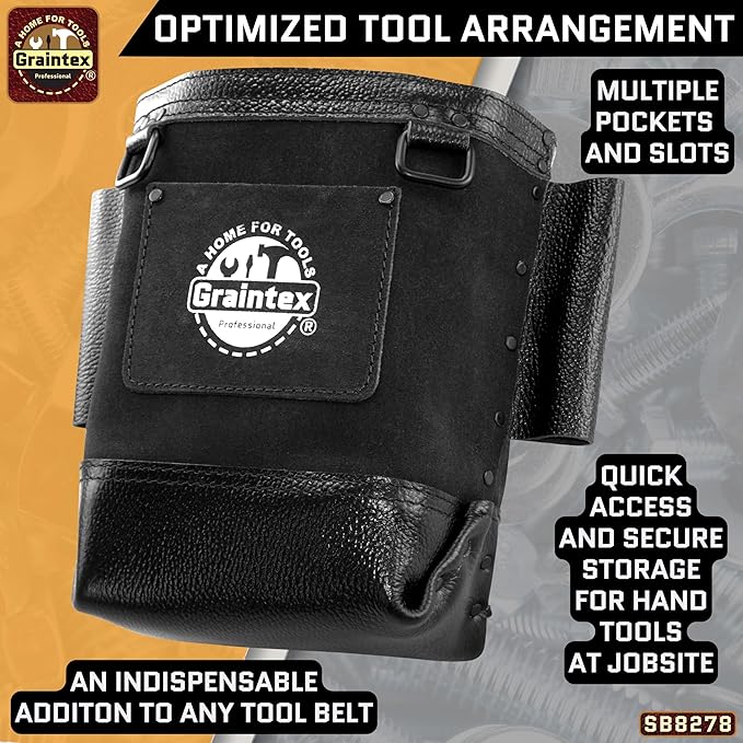 Graintex Nut & Bolt Bag, Black Color Premium Quality Suede Leather Tool Bag, Tool Belt Ironworker, Bull Pin Loops, Ideal for Heavy-Duty Use, Bolt Bags for Construction Professionals - SB8278