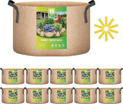 iPower 10-Pack 15 Gallon Thickened Grow Bags Nonwoven Fabric Pots Aeration Container with Strap Handles for Garden and Planting, Tan