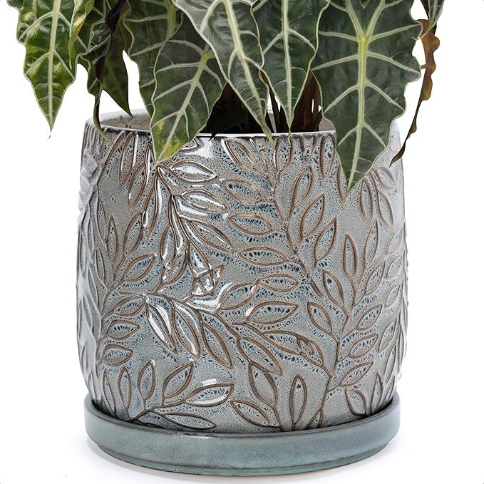 D'vine Dev 10 Inch Embossed Leaves Stoneware Planter Pot with Drainage Hole and Saucer, Graphite Blue, 27-A-P-9