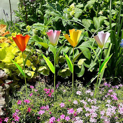 4Pcs Metal Flower Garden Stakes, 16.25" H Rustic Tulips Yard Stake Decorative Spring Outdoor Garden Decor Planter Flower Pot Metal Flower Stick for Patio,Lawn,Yard,Pathway (Tulips)