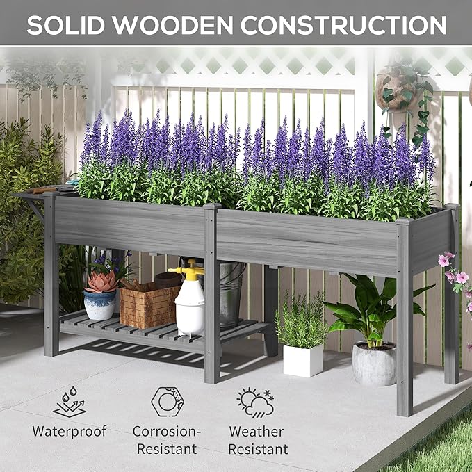 Outsunny Raised Garden Bed, Wood Elevated Planter Box with Side Table, Bottom Shelf, Outdoor Raised Planter with Bed Liners, Drainage Holes for Vegetable Flower, 81.5 x 23 x 31 in, Gray