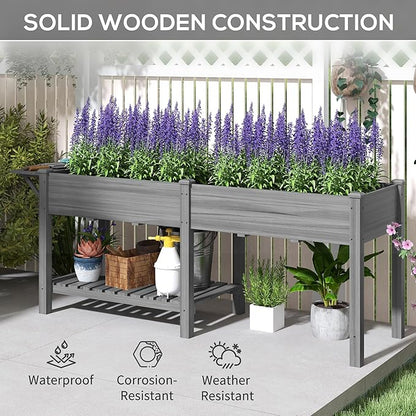 Outsunny Raised Garden Bed, Wood Elevated Planter Box with Side Table, Bottom Shelf, Outdoor Raised Planter with Bed Liners, Drainage Holes for Vegetable Flower, 81.5 x 23 x 31 in, Gray