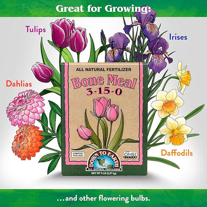 Down To Earth All Natural Fertilizers Organic Bone Meal - High Phosphorus Plant Food for Buds, Bulbs, Blooms, Flowers 3-15-0, 5 lb