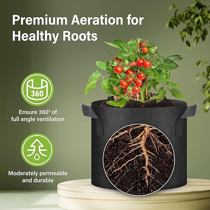 HealSmart 7 Gallon 10 Pack Plant Grow Bags, Tomoato Planter Pots with Handles, Aeration Nonwoven Fabric, Heavy Duty Gardening Planter for Vegetable, Herbs and Flowers, Black