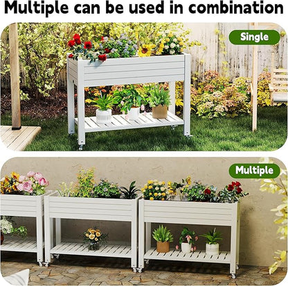 EasyUp Elevated Horticulture Raised Garden Bed with Legs, Divisible Raised Resin Planter Box for Backyard, Patio, Balcony, with 4 Legs, 4 Swivel Lockable Wheels, and Storage Shelf,Ashen