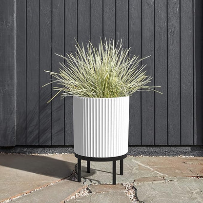 Veradek Demi Series Round Planter w/Stand for Porch/Patio | Durable Plastic-Stone Composite & Wooden Stand | Modern Décor for Tall Plants, Flowers