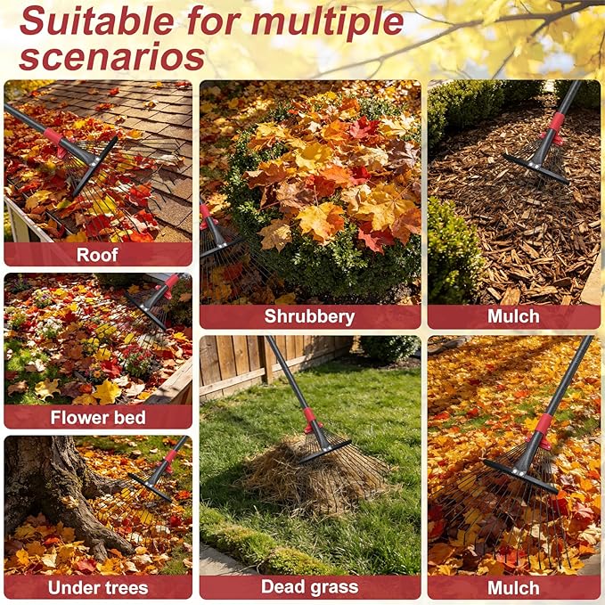 61 Inch Rake for Leaves , Adjustable 18 Tines with Expandable Head 9-18in Grass Rake Heavy Duty Metal Rakes for Women Children Yard Gardener Gardening Grass Debris Lawns