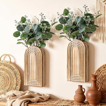 DREAMLOOM 2 Pack Wooden Wall Vases with Fake Plants, Wall Hanging Planters Boho Modern Farmhouse Indoor for Narrow Spaces Entryway Bathroom Home Office Decoration, Brown