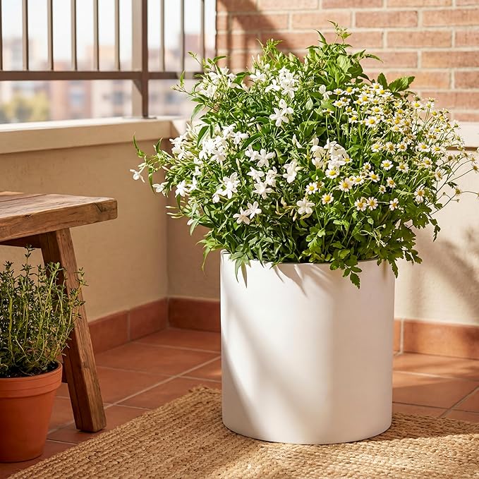 FaithLand Plant Pot 14 inch - Perfectly Fits Mid-Century Modern Plant Stand - Drainage Plug and Drainage Mesh Screen - Matte White