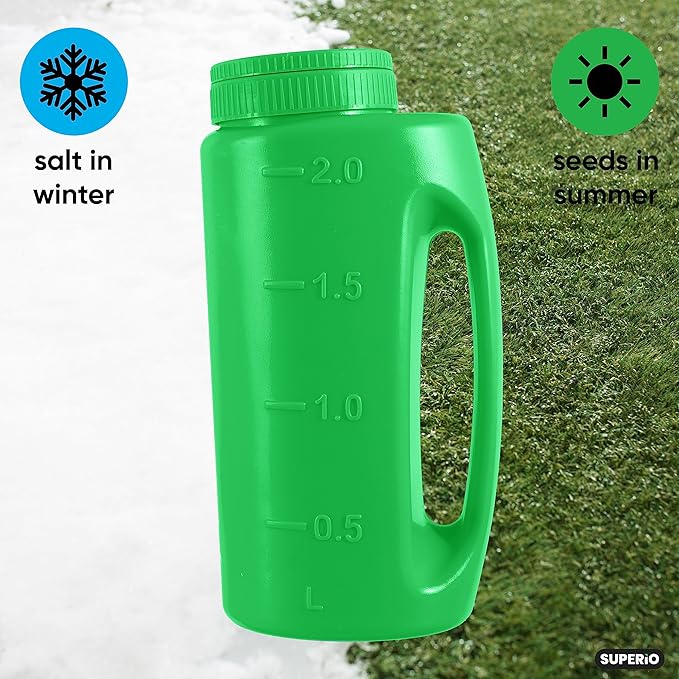 Superio Lawn Seed Spreader, Handheld Shaker for Lawn Seeds, Ice Melt Salt, Calcium, Deicer, Weed and Feed Spreader, 2 Liter, Adjustable Hole Size, with Cut Out Handle