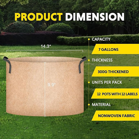 Simple Deluxe 12 Pack 7 Gallon Grow Bags, 300G Vegetable/Flower/Plant Fabric Pots with Handles, Heavy Duty Thickened Nonwoven Planting Bag with 12 Pcs Plant Labels