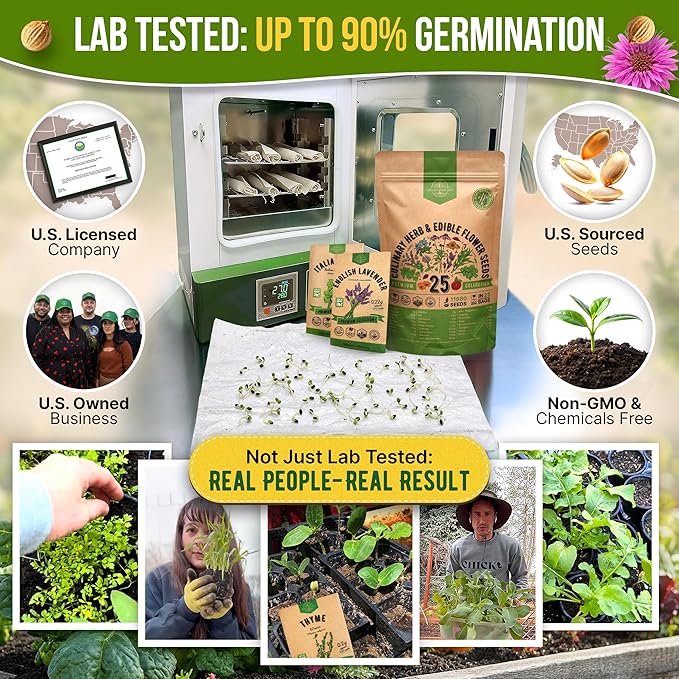 25 Culinary Herbs & Edible Flower Seed Variety Pack for Planting Indoor & Outdoors. 11900+ Non-GMO Heirloom Flower Seeds: Basil, Borage, Echinacea, Lavender, Oregano, Rosemary Seeds & More