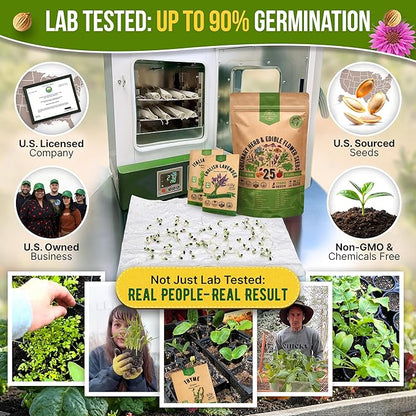 25 Culinary Herbs & Edible Flower Seed Variety Pack for Planting Indoor & Outdoors. 11900+ Non-GMO Heirloom Flower Seeds: Basil, Borage, Echinacea, Lavender, Oregano, Rosemary Seeds & More