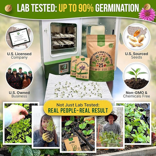 25 Culinary Herbs & Edible Flower Seed Variety Pack for Planting Indoor & Outdoors. 11900+ Non-GMO Heirloom Flower Seeds: Basil, Borage, Echinacea, Lavender, Oregano, Rosemary Seeds & More