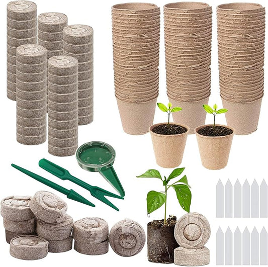 Woohome 202 PCS Peat Pots and Peat Pellet Fiber Soil Plant with Plant Label, Round Peat Pots and 30MM Peat Soil Pellets, Plastic Plant Tags and Loose Soil Tool for Home Plant Starters
