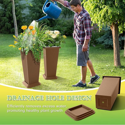 Set of 4 24" Tall Plastic Planters with Trays, Large Tapered Plant Pots for Indoor Outdoor Use, Modern Decorative Planters for Porch, Patio, Garden, and Backyard