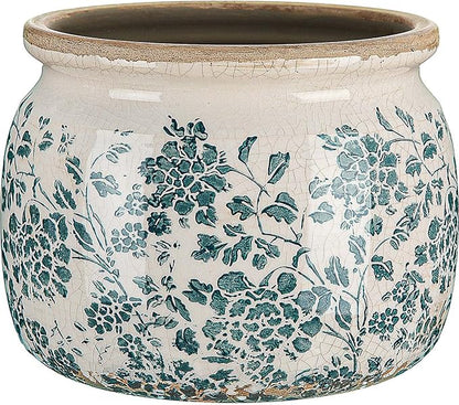 7.7" Large Ceramic Plant Pot Beige Green Vintage Peony Crackle Glaze Rustic Flowers Pot Decorative Planter with Drainage for Indoor Outdoor Plants Home Kitchen Office Decor Gift