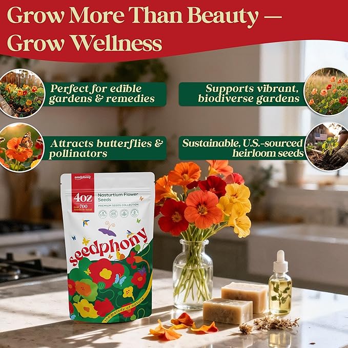 Nasturtium Seeds Pack 4 oz - 700 Non-GMO Heirloom Nasturtium Seeds for Planting, Perennial Flowers in Waterproof Seed Packet, Wildflower Seeds for Planting Garden Indoor & Outdoor Gardening