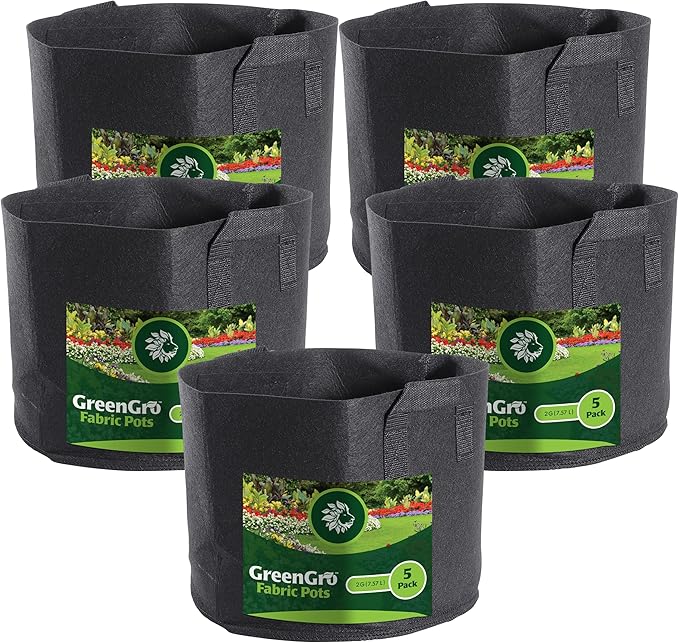 GreenGro 5-Pack 2 Gallon Nonwoven Fabric Grow Bags - Fabric Planting Pots/Great for Vegetables, Herbs, Flowers, Shrubs/Portable for Indoor & Outdoor Plants/Improved Aeration & Drainage