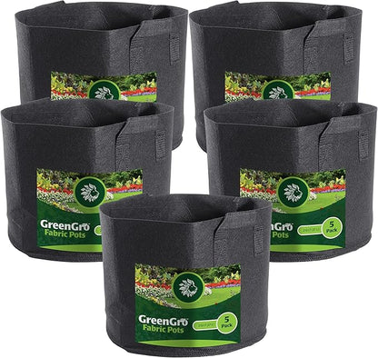 GreenGro 5-Pack 2 Gallon Nonwoven Fabric Grow Bags - Fabric Planting Pots/Great for Vegetables, Herbs, Flowers, Shrubs/Portable for Indoor & Outdoor Plants/Improved Aeration & Drainage