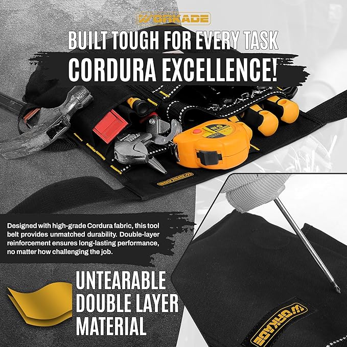 Magnetic 8-Pockets Single Side Tool Belt for Men & Women – Black Double-Layered Cordura Tool Bags/Pouches, Adjustable Quick-Release Buckle Tool Belt for Electrician, Carpenter, Plumber.