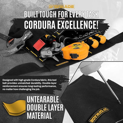 Magnetic 8-Pockets Single Side Tool Belt for Men & Women – Black Double-Layered Cordura Tool Bags/Pouches, Adjustable Quick-Release Buckle Tool Belt for Electrician, Carpenter, Plumber.