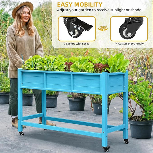 DWVO 47x18x31in Raised Garden Bed HDPE, Weather-Resistant Poly Wood Planter Box Stand, Planter Box with Legs & Lockable Wheels, Elevated Garden Bed for Backyard Patio Balcony - Aruba Blue