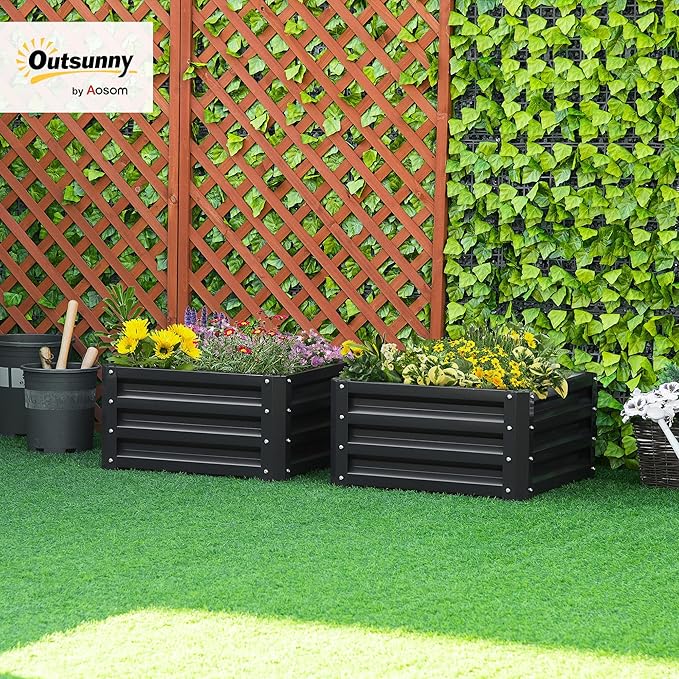 Outsunny 2 Piece Galvanized Raised Garden Bed, 2' x 2' x 1' Metal Planter Box for Growing Vegetables, Flowers, Herbs, Succulents, Dark Gray